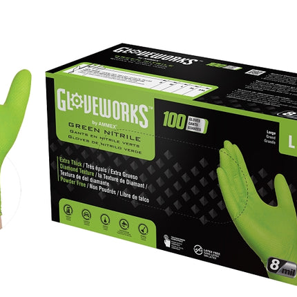 Gloveworks GWGN46100 Heavy-Duty Disposable Gloves, L, Nitrile, Powder-Free, Green, 9-1/2 in L :BX100: QUANTITY: 1