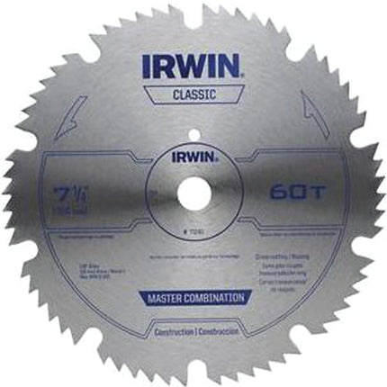 Irwin 11240 Circular Saw Blade, 7-1/4 in Dia, 5/8 in Arbor, 60-Teeth, Carbon Steel Cutting Edge :CD 1: QUANTITY: 1