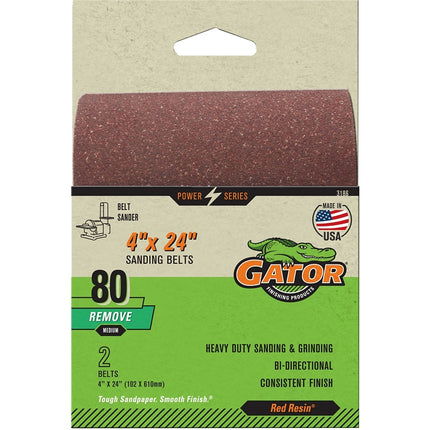 Gator 3186 Sanding Belt, 4 in W, 24 in L, 80 Grit, Medium, Aluminum Oxide Abrasive :PK  2: QUANTITY: 1