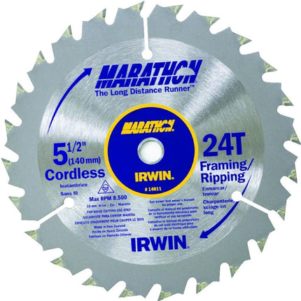 Irwin Marathon 14011 Circular Saw Blade, 5-1/2 in Dia, 0.39 in Arbor, 24-Teeth, Carbide Cutting Edge :CD 1: QUANTITY: 1