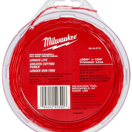 Milwaukee 49-16-2712 Trimmer Line, 0.080 in Dia, 150 ft L, Polymer, Black :EA: QUANTITY: 1