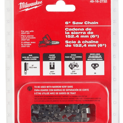 Milwaukee 49-16-2732 Chainsaw Chain, 0.043 in Gauge, 3/8 in TPI/Pitch, 28-Link :CD: QUANTITY: 1