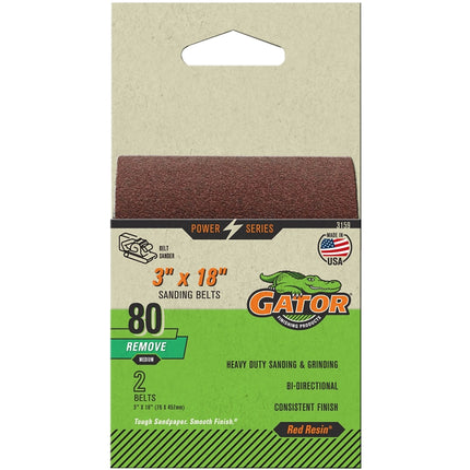 Gator 3159 Sanding Belt, 3 in W, 18 in L, 80 Grit, Medium, Aluminum Oxide Abrasive :PK  2: QUANTITY: 1