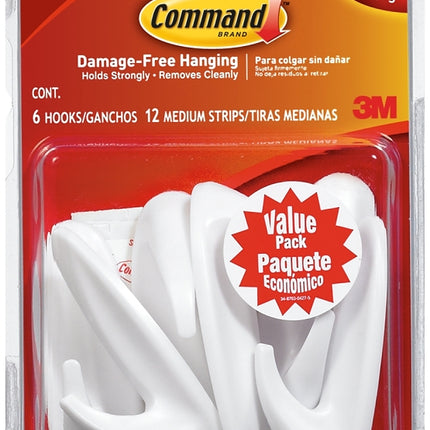 Command 17081-VP-6PK Designer Hook, 3 lb, 6-Hook, Plastic, White