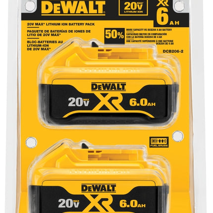 DeWALT DCB206-2 Battery Pack, 20 V Battery, 6 Ah, 1 hr Charging :PK 2: QUANTITY: 1