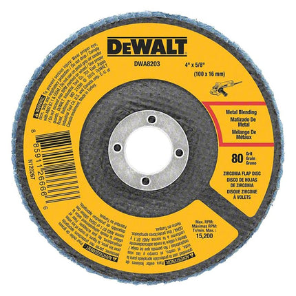 DeWALT DWA8203 Flap Disc, 4 in Dia, 5/8 in Arbor, Coated, 80 Grit, Medium, Zirconium Oxide Abrasive :EA: QUANTITY: 1