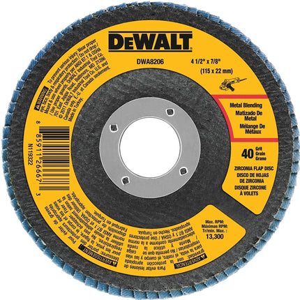 DeWALT DWA8206 Flap Disc, 4-1/2 in Dia, 7/8 in Arbor, Coated, 40 Grit, Coarse, Zirconium Oxide Abrasive