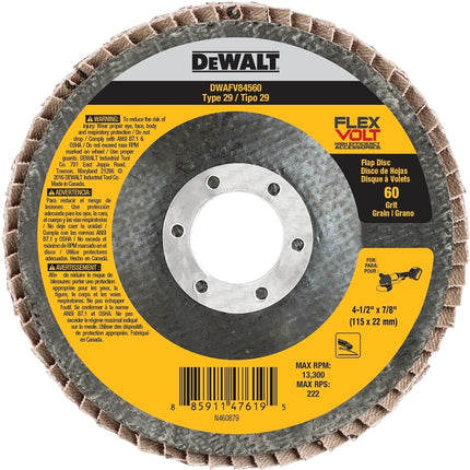 DeWALT DWAFV84560 Flap Disc, 4-1/2 in Dia, 7/8 in Arbor, Coated, 60 Grit, Medium, Ceramic Abrasive