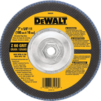 DeWALT DW8329 Flap Disc, 7 in Dia, 5/8-11 Arbor, Coated, 60 Grit, Medium, Zirconium Oxide Abrasive