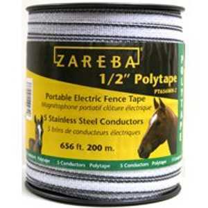 Zareba PT656WH-Z Polytape, 656 ft L, 1/2 in W, 5-Strand, Stainless Steel Conductor, White :EA: QUANTITY: 1