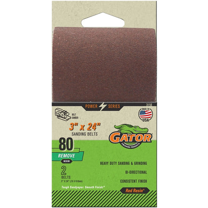 Gator 3156 Sanding Belt, 3 in W, 24 in L, 80 Grit, Medium, Aluminum Oxide Abrasive :PK  2: QUANTITY: 1