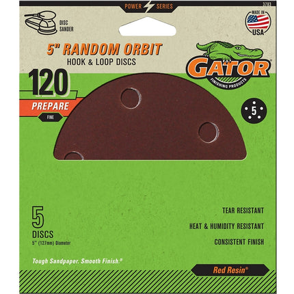 Gator 3783 Sanding Disc, 5 in Dia, 120 Grit, Fine, Aluminum Oxide Abrasive, Vented :PK  5: QUANTITY: 1