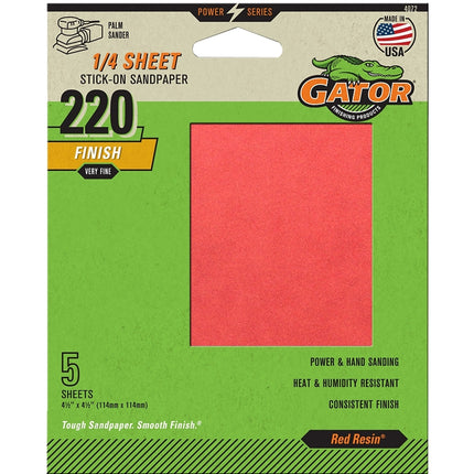 Gator 4072 Sanding Sheet, 4-1/2 in L, 4-1/2 in W, Extra Fine, 220 Grit, Aluminum Oxide Abrasive :PK  5: QUANTITY: 1