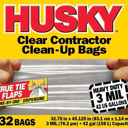 Husky HC42WC032C Clean-Up Trash Bag, 42 gal Capacity, Polyethylene, Clear :BX 32: QUANTITY: 1