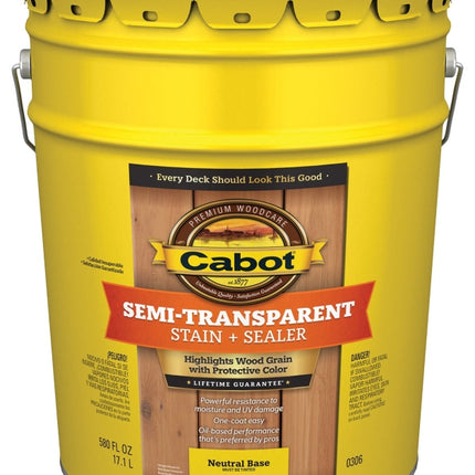 Cabot 300 Series 140.0000306.008 Exterior Stain, Semi-Transparent, Neutral Base, Liquid, 5 gal, Pail :PAIL: QUANTITY: 1