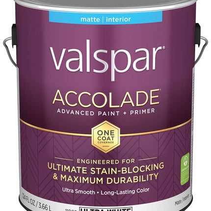 Valspar Accolade 1100 028.0011002.007 Latex Paint, Acrylic Base, Matte, Ultra White, 1 gal, Plastic Can :GAL: QUANTITY: 4