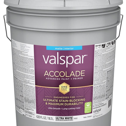 Valspar Accolade 1100 028.0011002.008 Latex Paint, Acrylic Base, Matte, Ultra White, 5 gal, Plastic Pail :PAIL: QUANTITY: 1