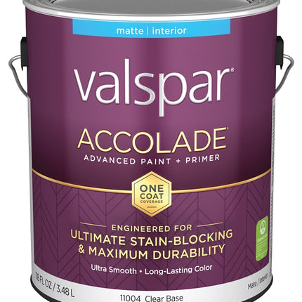 Valspar Accolade 1100 028.0011004.007 Latex Paint, Acrylic Base, Matte, Clear Base, 1 gal, Plastic Can :GAL: QUANTITY: 4