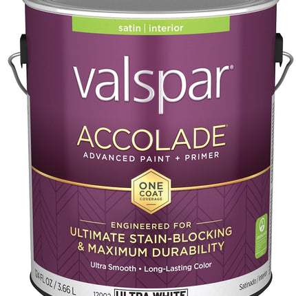 Valspar Accolade 1200 028.0012002.007 Latex Paint, Acrylic Base, Satin, Ultra White, 1 gal, Plastic Can :GAL: QUANTITY: 4