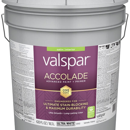 Valspar Accolade 1200 028.0012002.008 Latex Paint, Acrylic Base, Satin, Ultra White, 5 gal, Plastic Pail :PAIL: QUANTITY: 1