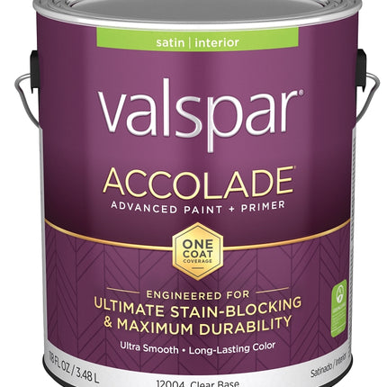 Valspar Accolade 1200 028.0012004.007 Latex Paint, Acrylic Base, Satin, Clear Base, 1 gal, Plastic Can :GAL: QUANTITY: 4