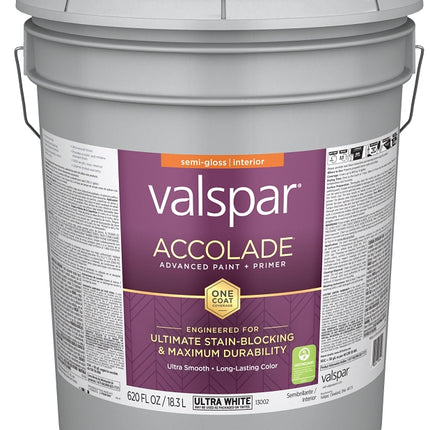 Valspar Accolade 1300 028.0013002.008 Latex Paint, Acrylic Base, Semi-Gloss, Ultra White, 5 gal, Plastic Pail :PAIL: QUANTITY: 1