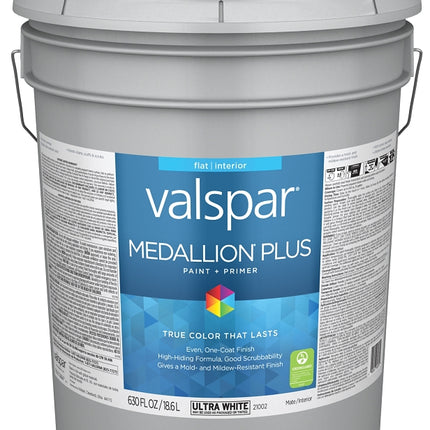 Valspar Medallion Plus 2100 028.0021002.008 Latex Paint, Acrylic Base, Flat Sheen, Ultra White Base, 5 gal :PAIL: QUANTITY: 1