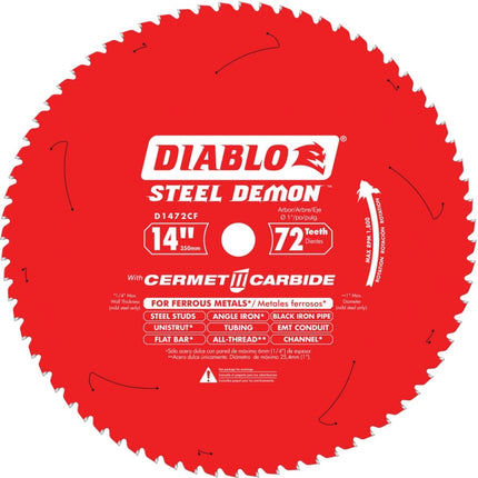 Diablo D1472CF Circular Saw Blade, 14 in Dia, 1 in Arbor, 72-Teeth, Cermet Cutting Edge :CD: QUANTITY: 1