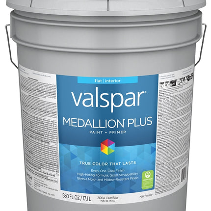 Valspar Medallion Plus 2100 028.0021004.008 Latex Paint, Acrylic Base, Flat Sheen, Clear Base, 5 gal, Plastic Pail :PAIL: QUANTITY: 1