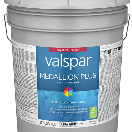 Valspar Medallion Plus 2200 028.0022002.008 Latex Paint, Acrylic Base, Eggshell Sheen, Ultra White Base, 5 gal :PAIL: QUANTITY: 1