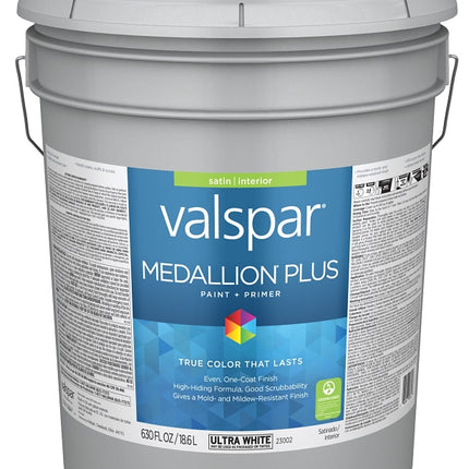 Valspar Medallion Plus 2300 028.0023002.008 Latex Paint, Acrylic Base, Satin Sheen, Ultra White Base, 5 gal :PAIL: QUANTITY: 1