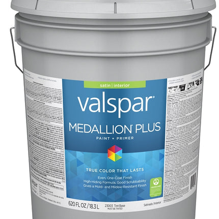 Valspar Medallion Plus 2300 028.0023003.008 Latex Paint, Acrylic Base, Satin Sheen, Tint Base, 5 gal, Plastic Pail :PAIL: QUANTITY: 1