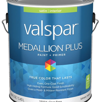 Valspar Medallion Plus 2300 028.0023004.007 Latex Paint, Acrylic Base, Satin Sheen, Clear Base, 1 gal, Plastic Can :GAL: QUANTITY: 4