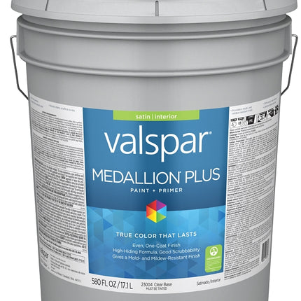 Valspar Medallion Plus 2300 028.0023004.008 Latex Paint, Acrylic Base, Satin Sheen, Clear Base, 5 gal, Plastic Pail :PAIL: QUANTITY: 1