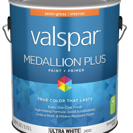 Valspar Medallion Plus 2700 028.0024002.007 Latex Paint, Acrylic Base, Semi-Gloss Sheen, Ultra White Base, 1 gal :GAL: QUANTITY: 4