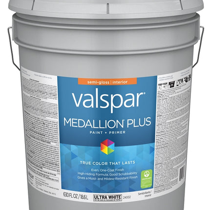 Valspar Medallion Plus 2700 028.0024002.008 Latex Paint, Acrylic Base, Semi-Gloss Sheen, Ultra White Base, 5 gal :PAIL: QUANTITY: 1