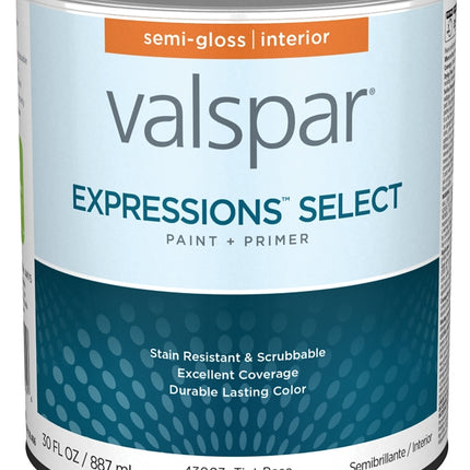 Valspar Expressions Select 4300 028.0043003.005 Latex Paint, Acrylic Base, Semi-Gloss Sheen, Tint Base, 1 qt :QUART: QUANTITY: 1