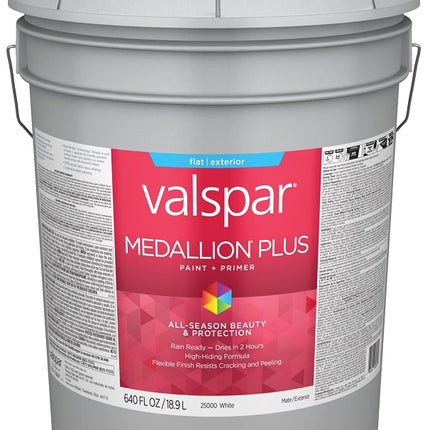 Valspar Medallion Plus 2500 028.0025000.008 Latex Paint, Acrylic Base, Flat Sheen, White Base, 5 gal, Plastic Pail :PAIL: QUANTITY: 1