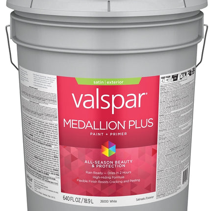 Valspar Medallion Plus 2600 028.0026000.008 Latex Paint, Acrylic Base, Satin Sheen, White Base, 5 gal, Plastic Pail :PAIL: QUANTITY: 1