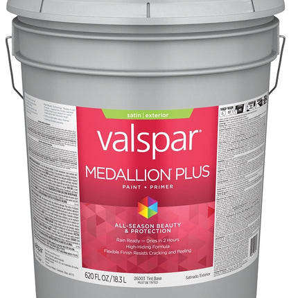 Valspar Medallion Plus 2600 028.0026003.008 Latex Paint, Acrylic Base, Satin Sheen, Tint Base, 5 gal, Plastic Pail :PAIL: QUANTITY: 1