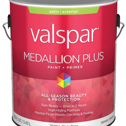 Valspar Medallion Plus 2600 028.0026004.007 Latex Paint, Acrylic Base, Satin Sheen, Clear Base, 1 gal, Plastic Can :GAL: QUANTITY: 4