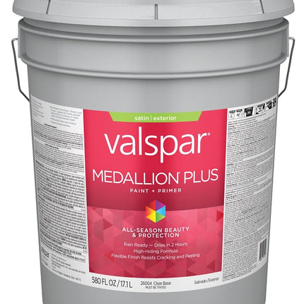 Valspar Medallion Plus 2600 028.0026004.008 Latex Paint, Acrylic Base, Satin Sheen, Clear Base, 5 gal, Plastic Pail :PAIL: QUANTITY: 1