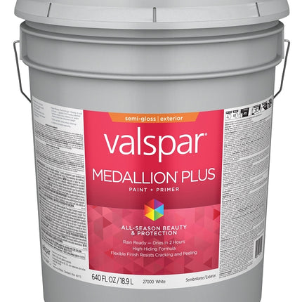 Valspar Medallion Plus 2600 028.0027000.008 Latex Paint, Acrylic Base, Semi-Gloss Sheen, White Base, 5 gal :PAIL: QUANTITY: 1