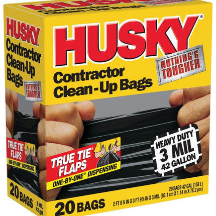 Husky HK42WC020B Contractor Clean-Up Bag, 42 gal Capacity, Polyethylene, Black :BX 20: QUANTITY: 1