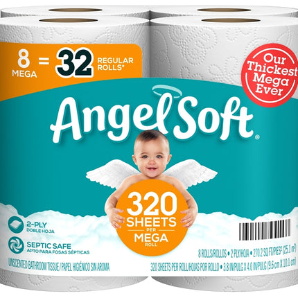 Angel Soft 79414 Toilet Tissue, 4 x 3.8 in Sheet, 1280 in L Roll, 2-Ply, Paper :PK 8: QUANTITY: 8