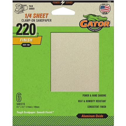 Gator 5030 Sanding Sheet, 4-1/2 in W, 5-1/2 in L, 220 Grit, Extra Fine, Aluminum Oxide Abrasive, Paper Backing :PK  6: QUANTITY: 1