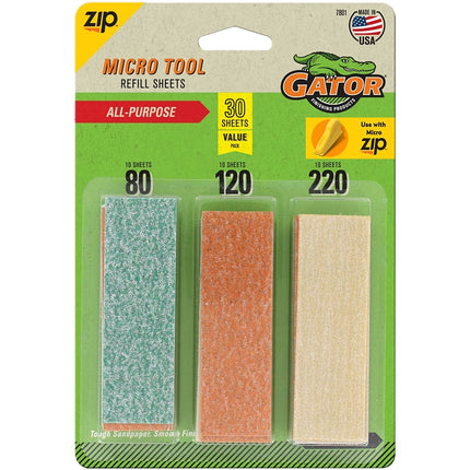 Gator MicroZip 7801 Refill Sheet, 3-1/2 in L, 1 in W, Extra Fine, Fine, Medium, 80 Grit, Aluminum Oxide Abrasive :PK 30: QUANTITY: 1