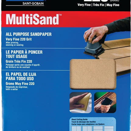 Norton MultiSand 07660747710 Sanding Sheet, 11 in L, 9 in W, Very Fine, 220 Grit, Aluminum Oxide Abrasive, Paper Backing :PK  5: QUANTITY: 1