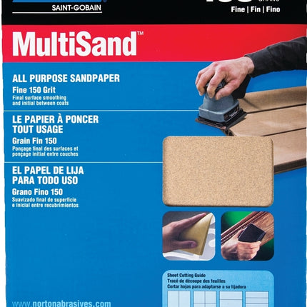 Norton MultiSand 07660747720 Sanding Sheet, 11 in L, 9 in W, Fine, 150 Grit, Aluminum Oxide Abrasive, Paper Backing :PK  5: QUANTITY: 1