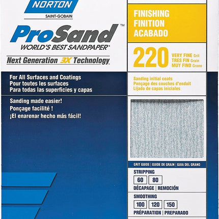 Norton ProSand 07660768158 Sanding Sheet, 11 in L, 9 in W, Very Fine, 220 Grit, Aluminum Oxide Abrasive, Paper Backing :PK  3: QUANTITY: 1